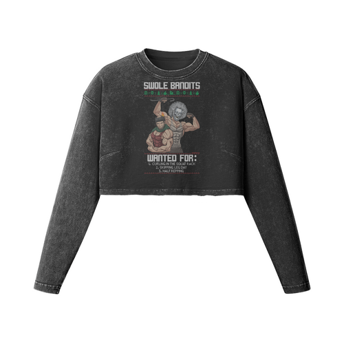 SWOLE BANDITS VARIANT- Womens Long Sleeve Crop Top-Faded Black-League of Lifters