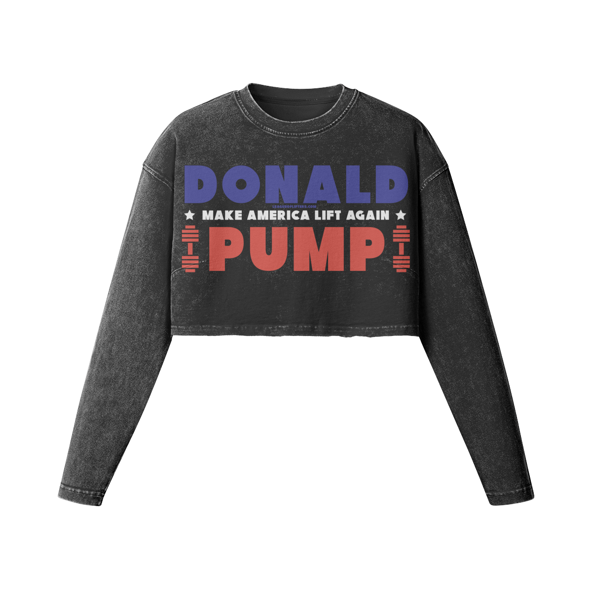 DONALD PUMP- Womens Long Sleeve Crop Top-Faded Black-League of Lifters