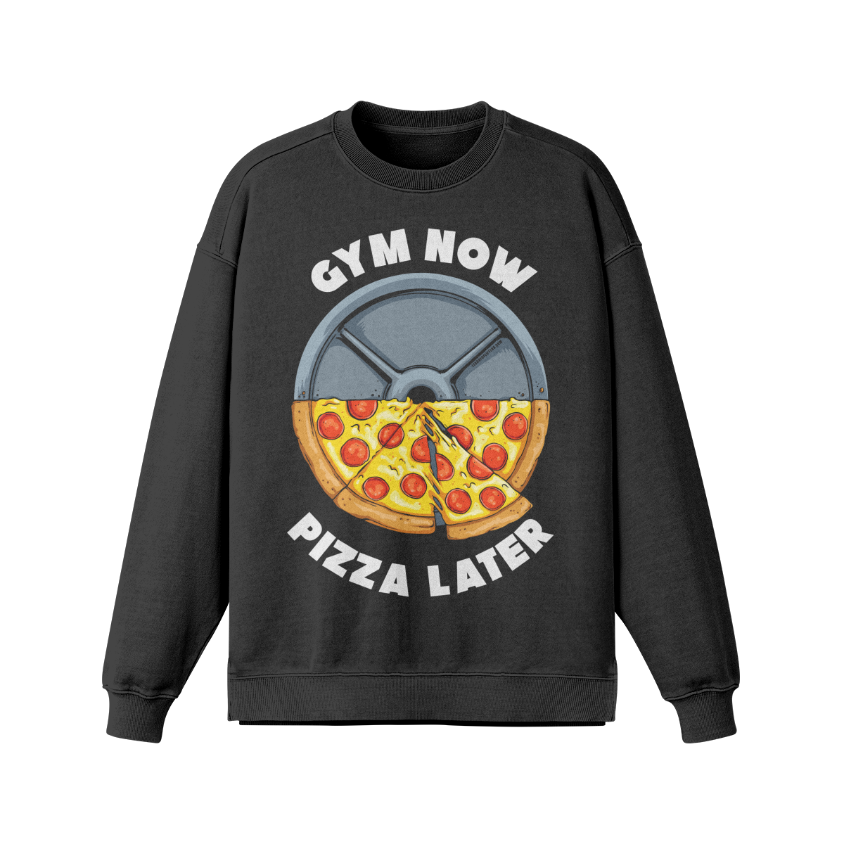 GYM NOW PIZZA LATER- Oversized Long Sleeve Sweatshirt-Faded Black-League of Lifters