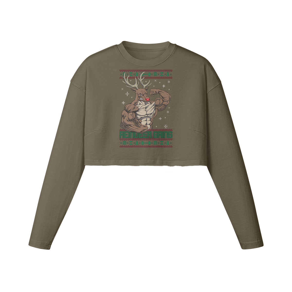 REINDEER GAINS- Womens Long Sleeve Crop Top-Army Brown-League of Lifters