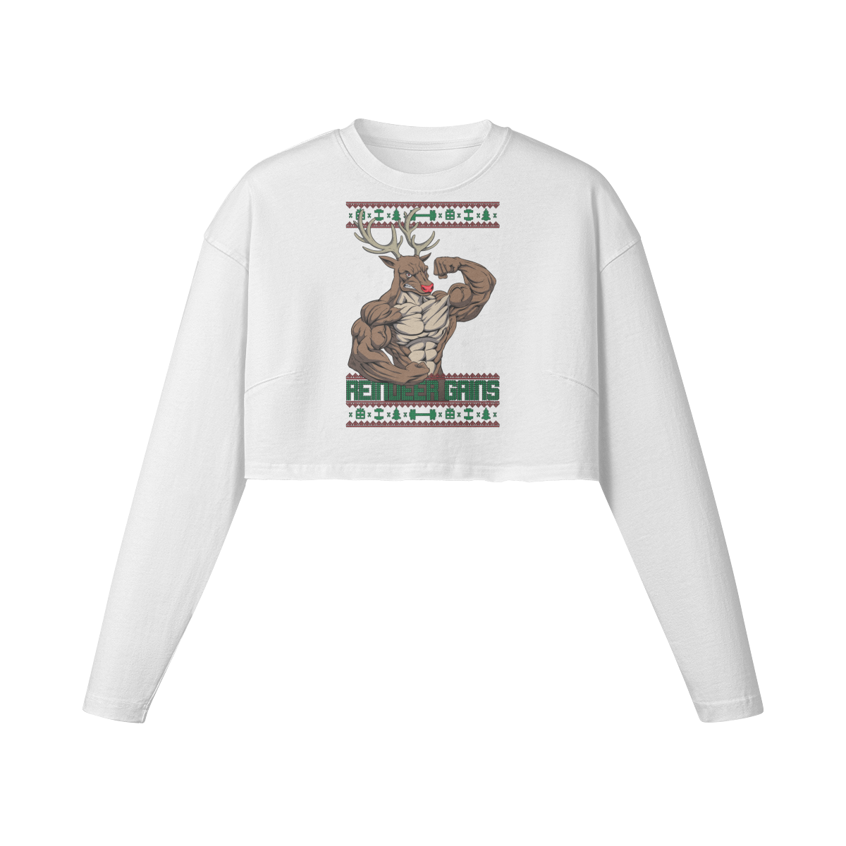 REINDEER GAINS- Womens Long Sleeve Crop Top-White-League of Lifters