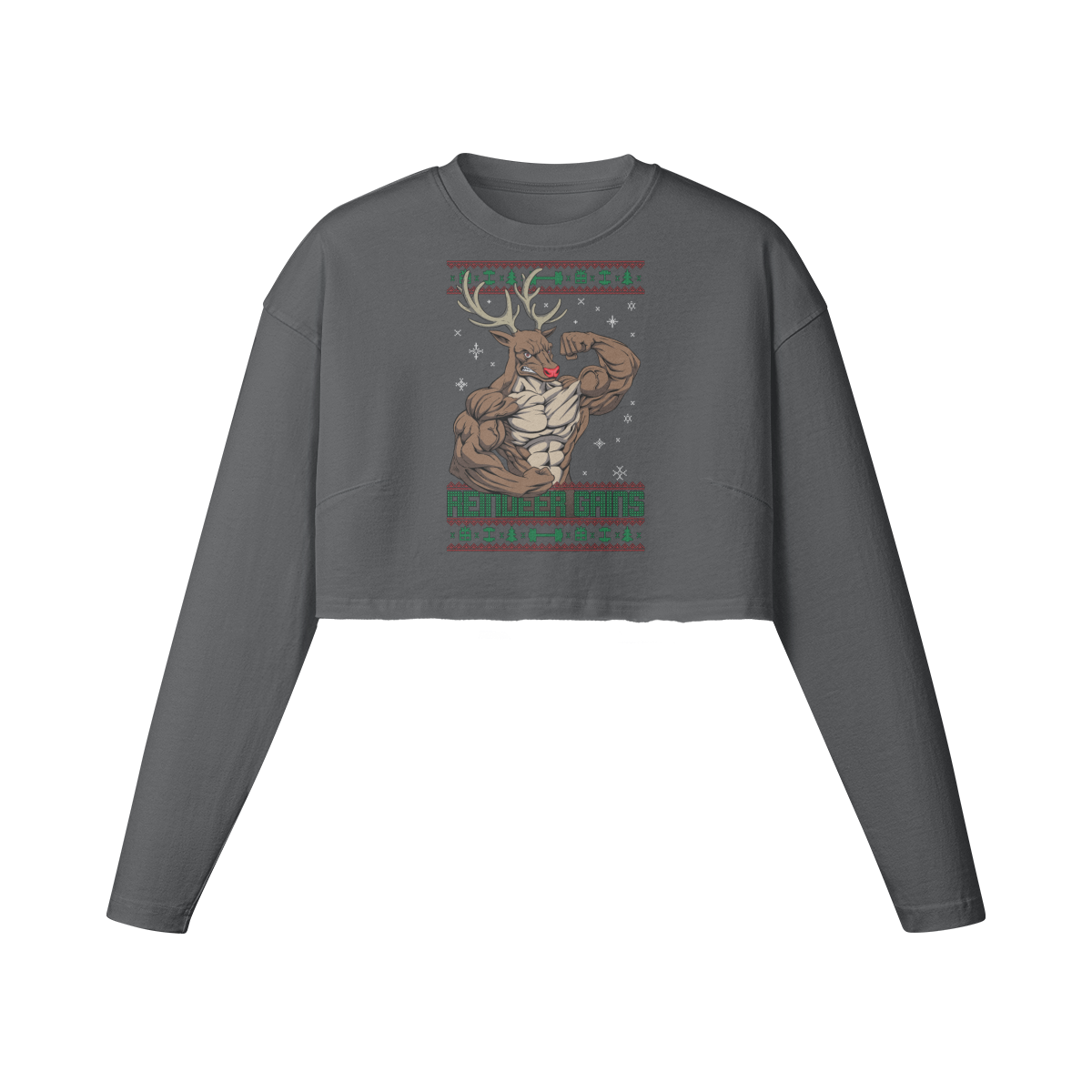 REINDEER GAINS- Womens Long Sleeve Crop Top-Carbon Gray-League of Lifters