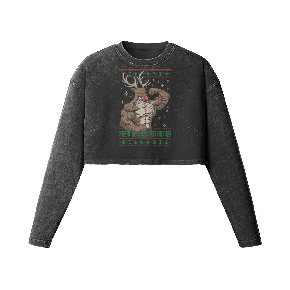 REINDEER GAINS- Womens Long Sleeve Crop Top-Faded Black-League of Lifters