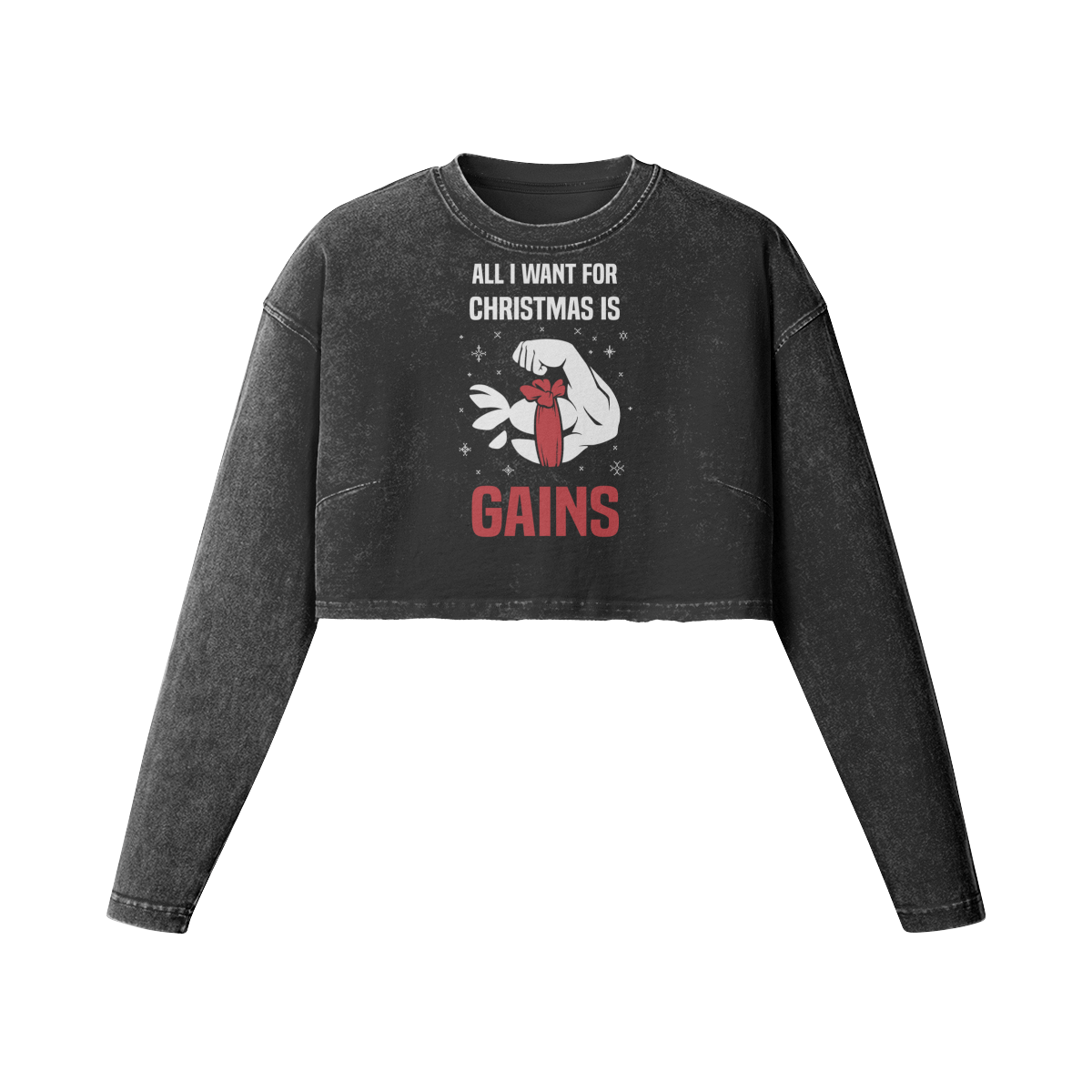 ALL I WANT FOR CHRISTMAS IS GAINS- Womens Long Sleeve Crop Top-Faded Black-League of Lifters
