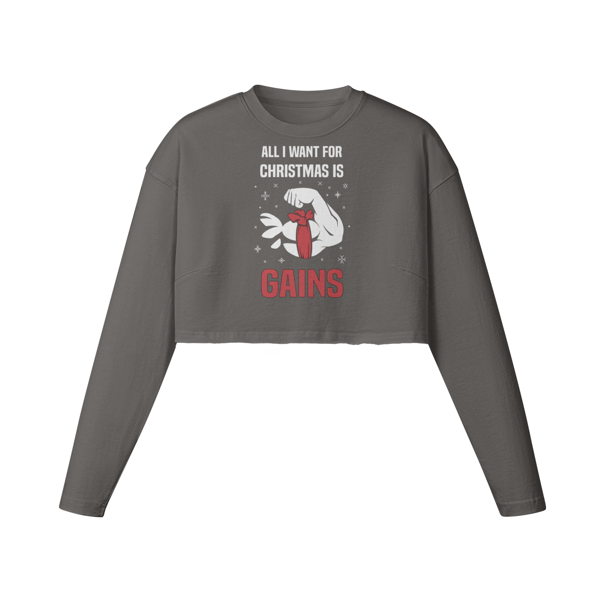 ALL I WANT FOR CHRISTMAS IS GAINS- Womens Long Sleeve Crop Top-Granite Gray-League of Lifters