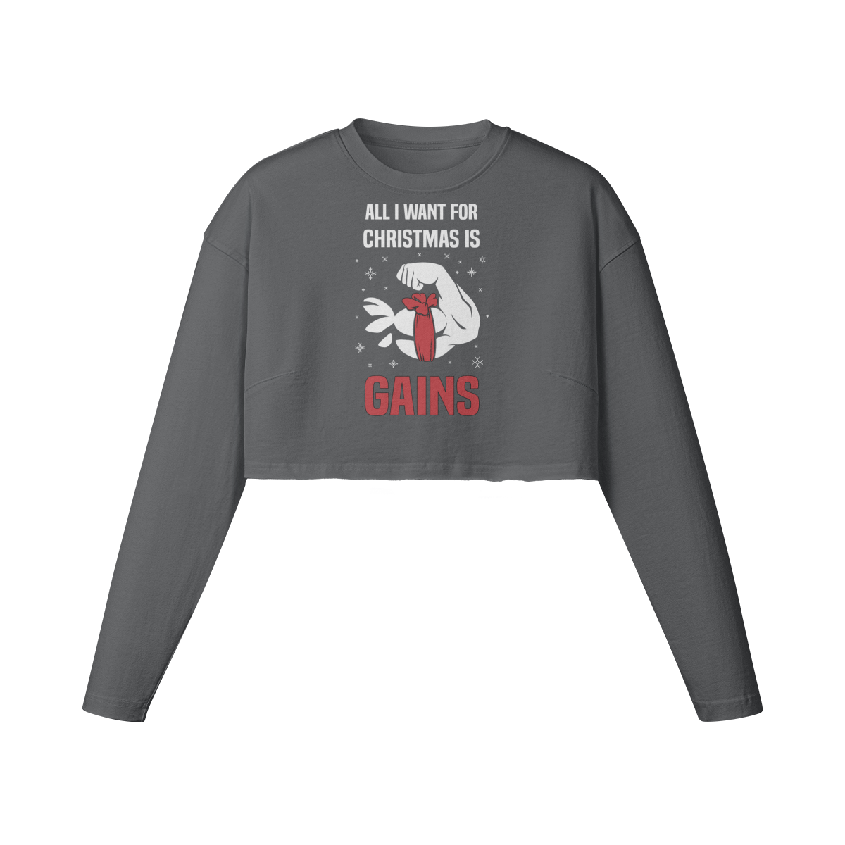 ALL I WANT FOR CHRISTMAS IS GAINS- Womens Long Sleeve Crop Top-Carbon Gray-League of Lifters