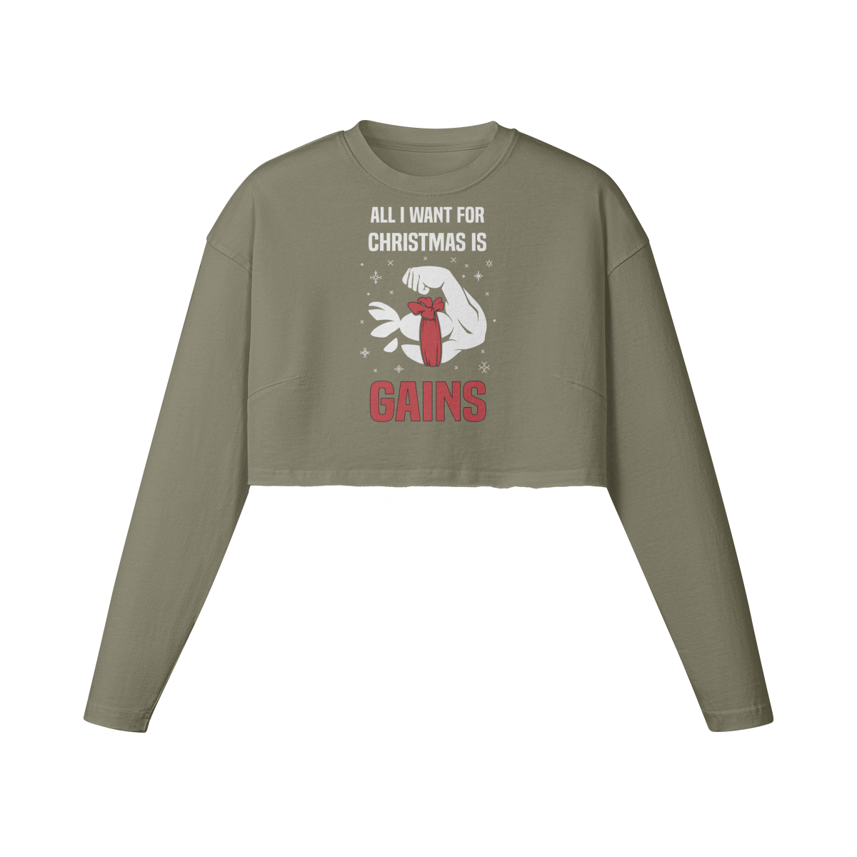 ALL I WANT FOR CHRISTMAS IS GAINS- Womens Long Sleeve Crop Top-Artichoke-League of Lifters
