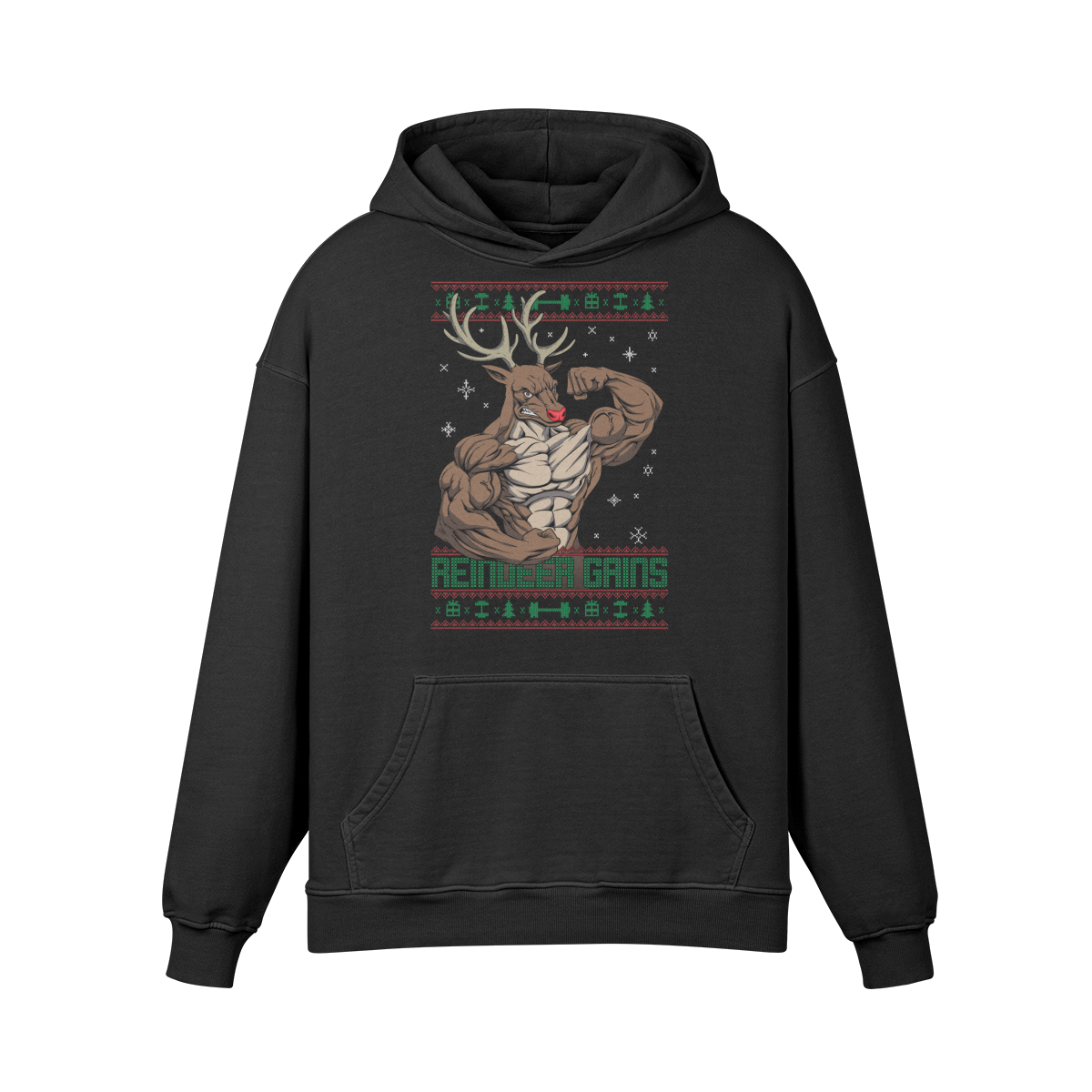 REINDEER GAINS- Oversized Hoodie-Faded Black-League of Lifters