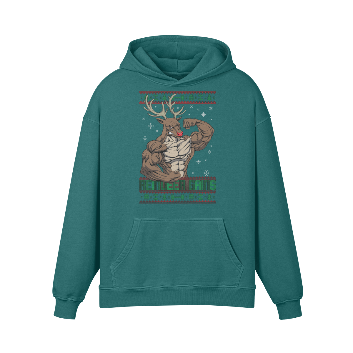 REINDEER GAINS- Oversized Hoodie-Blueish Green-League of Lifters