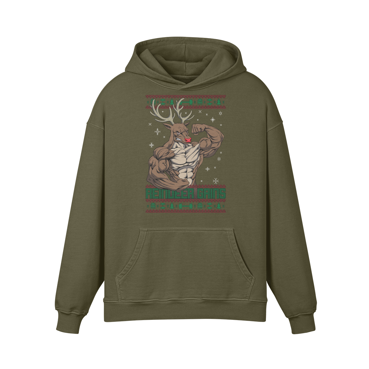 REINDEER GAINS- Oversized Hoodie-Olive Green-League of Lifters