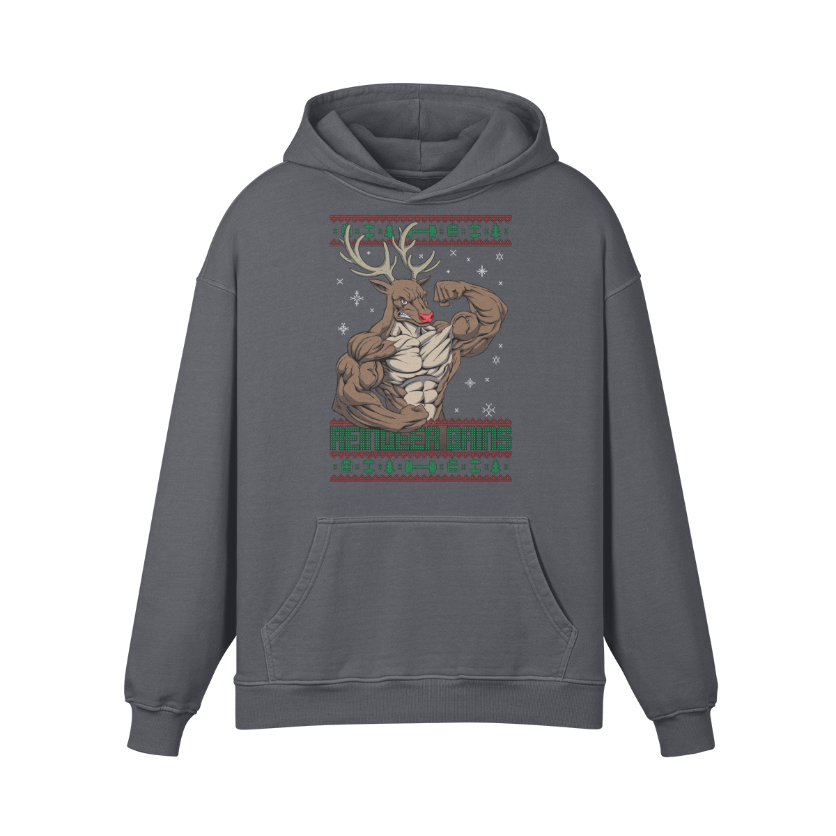 REINDEER GAINS- Oversized Hoodie-Carbon Gray-League of Lifters