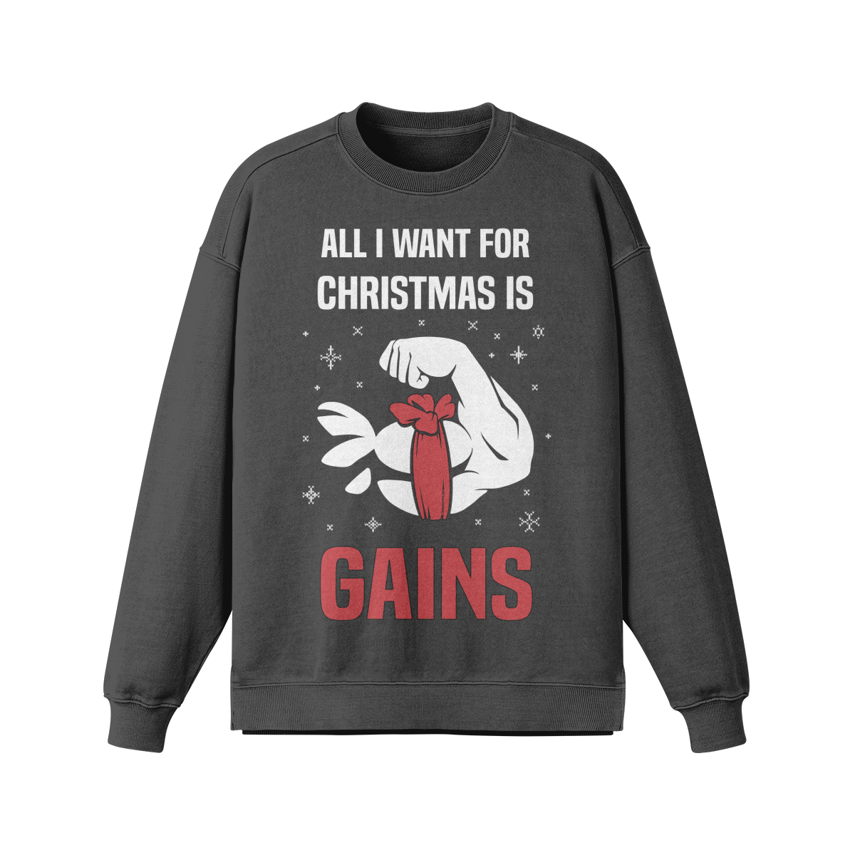 ALL I WANT FOR CHRISTMAS IS GAINS- Oversized Long Sleeve Sweatshirt-Eclipse Gray-League of Lifters