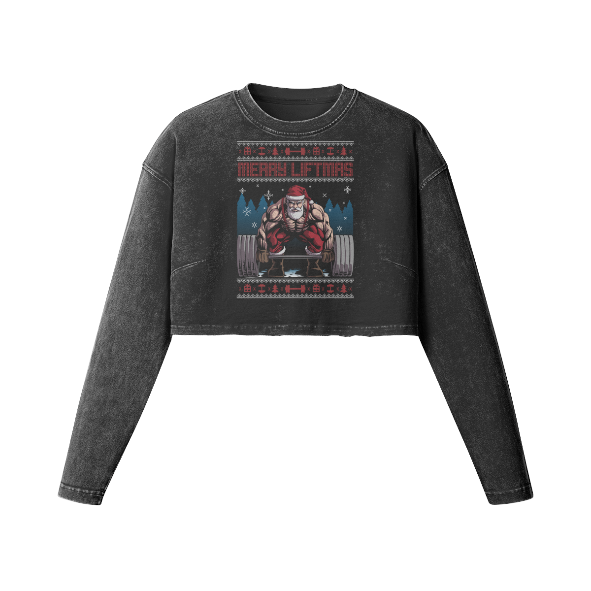 MERRY LIFTMAS- Womens Long Sleeve Crop Top-Faded Black-League of Lifters