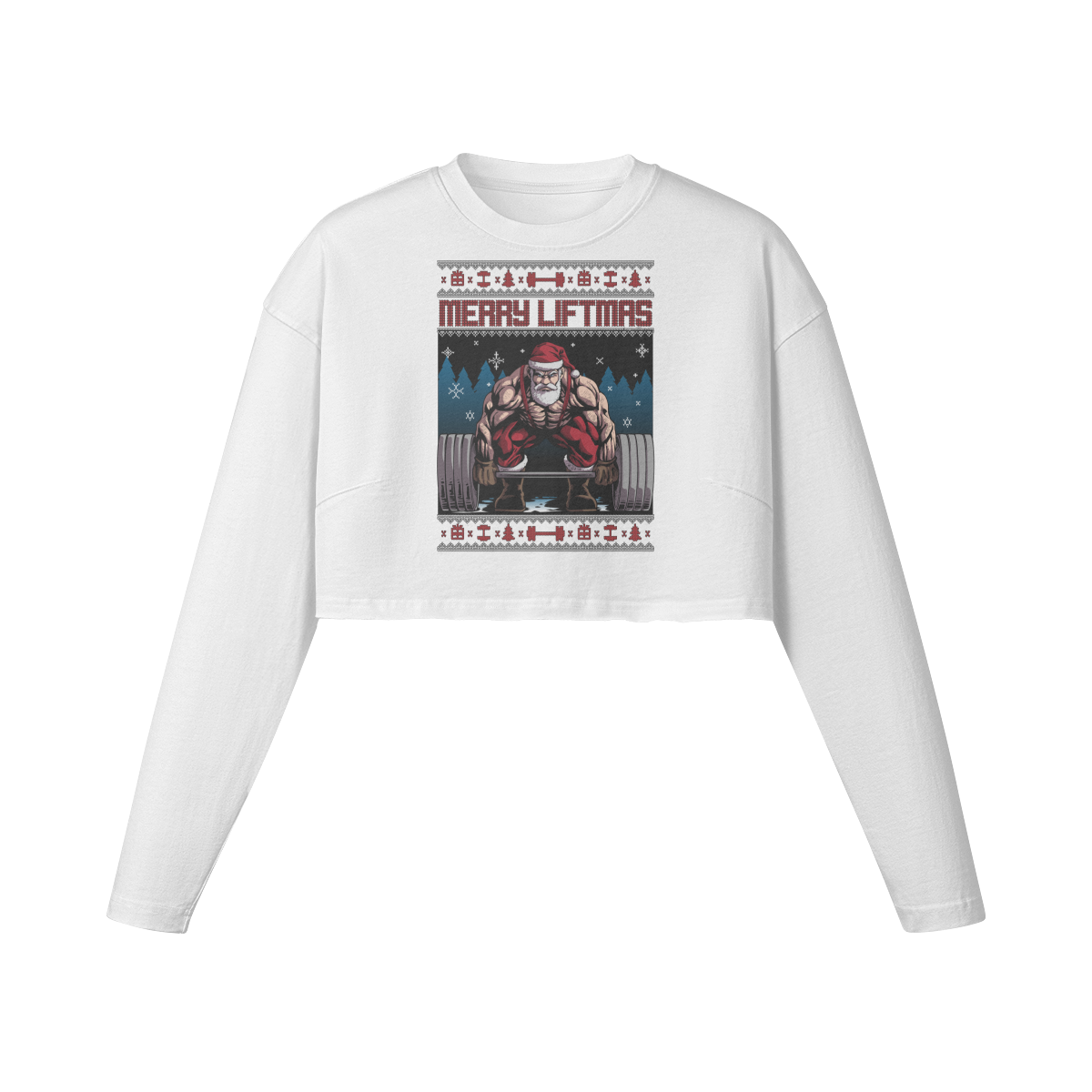 MERRY LIFTMAS- Womens Long Sleeve Crop Top-White-League of Lifters