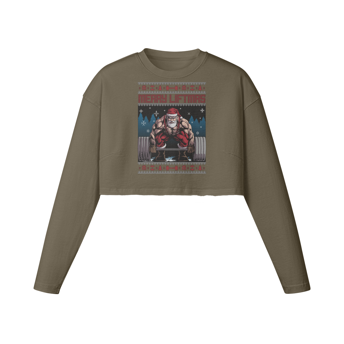 MERRY LIFTMAS- Womens Long Sleeve Crop Top-Army Brown-League of Lifters