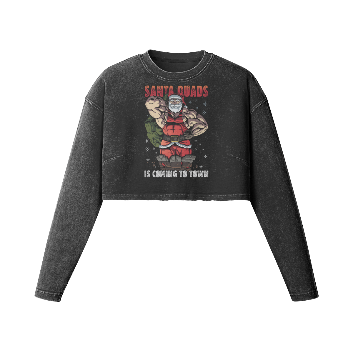 SANTA QUADS IS COMING TO TOWN- Womens Long Sleeve Crop Top-Faded Black-League of Lifters