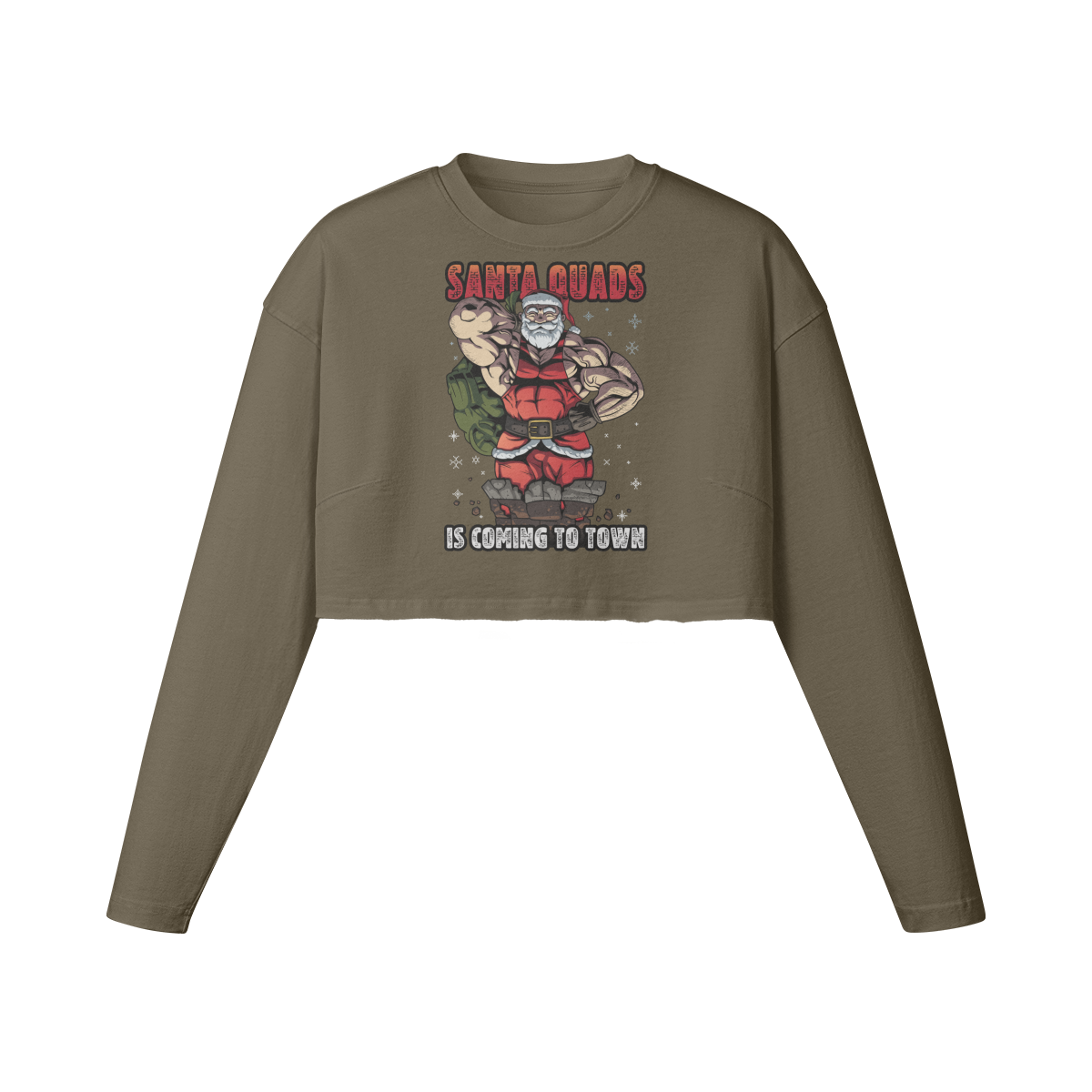 SANTA QUADS IS COMING TO TOWN- Womens Long Sleeve Crop Top-Army Brown-League of Lifters