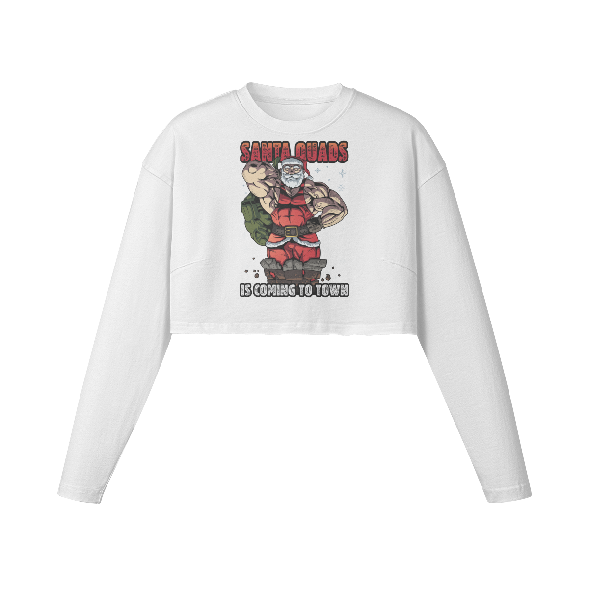 SANTA QUADS IS COMING TO TOWN- Womens Long Sleeve Crop Top-White-League of Lifters