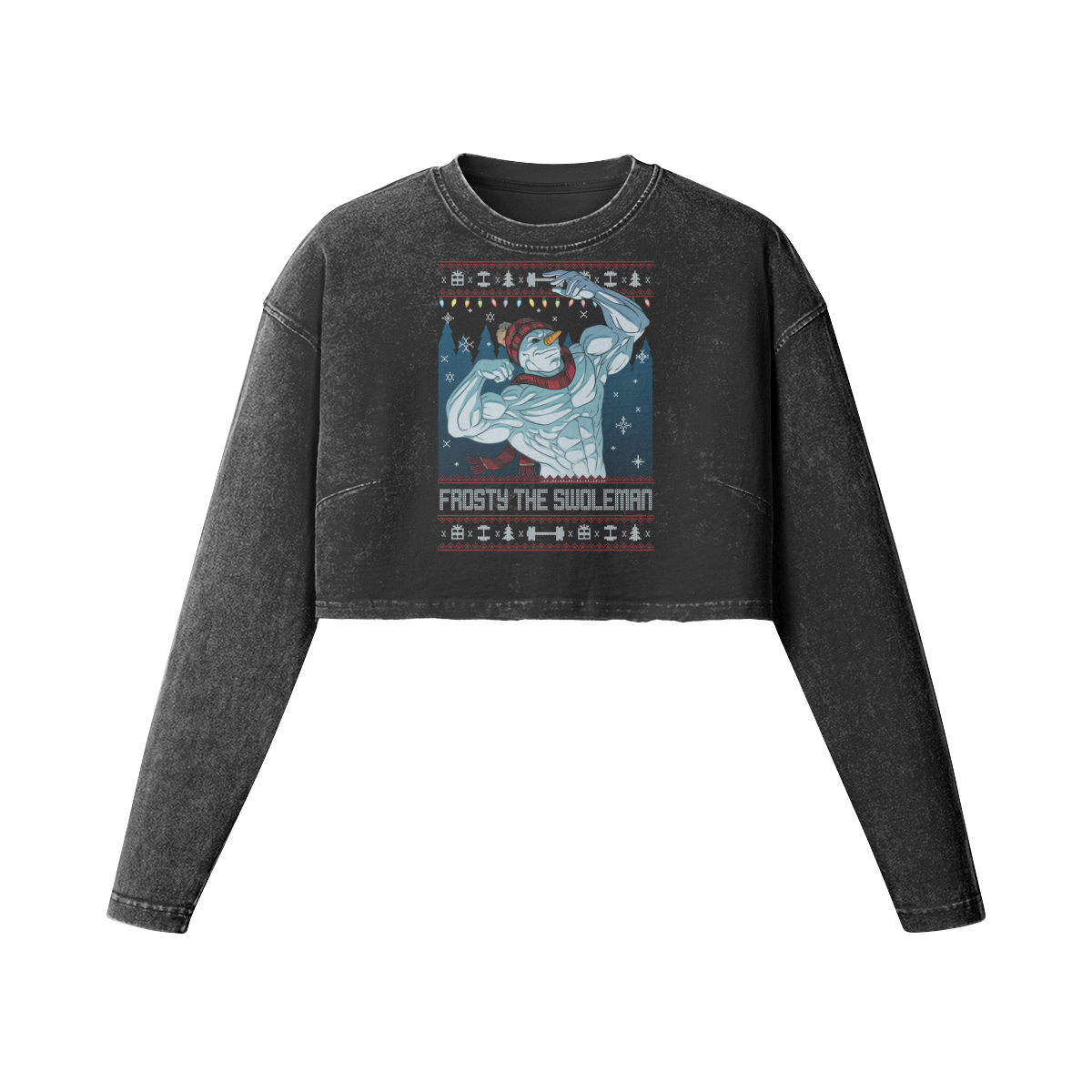 FROSTY THE SWOLEMAN- Womens Long Sleeve Crop Top-Faded Black-League of Lifters