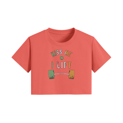 KISS ME I LIFT- Womens Crop Top-Grapefruit Red-League of Lifters