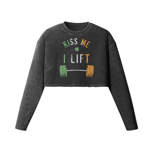 KISS ME I LIFT- Womens Long Sleeve Crop Top-Faded Black-League of Lifters