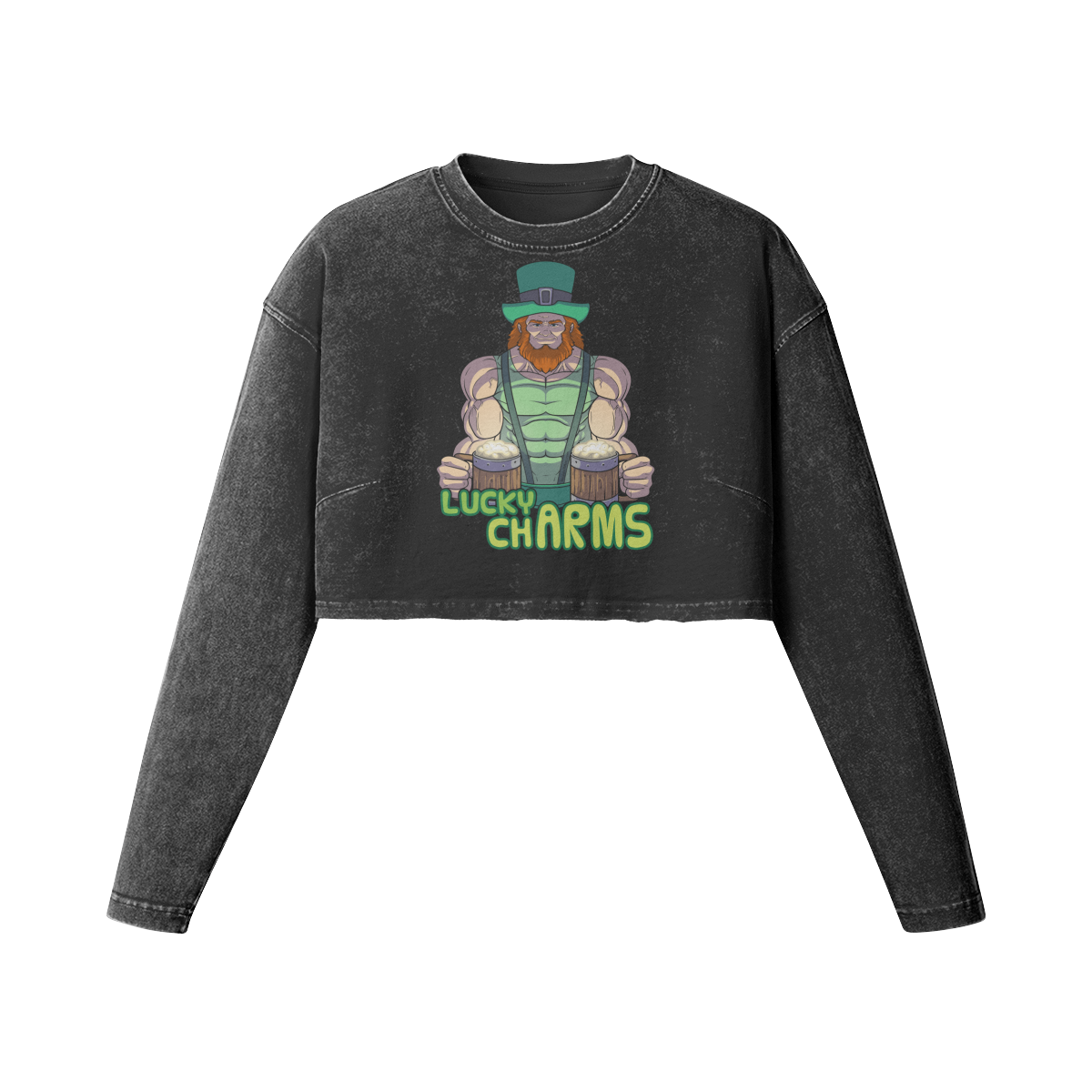 LUCKY CHARMS- Womens Long Sleeve Crop Top-Faded Black-League of Lifters