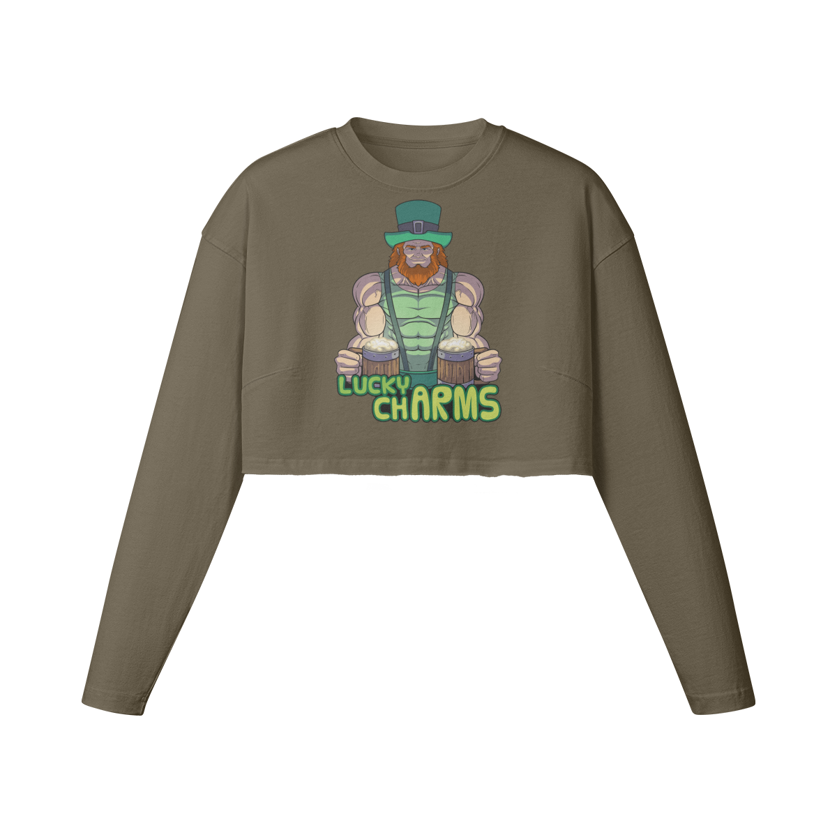 LUCKY CHARMS- Womens Long Sleeve Crop Top-Army Brown-League of Lifters